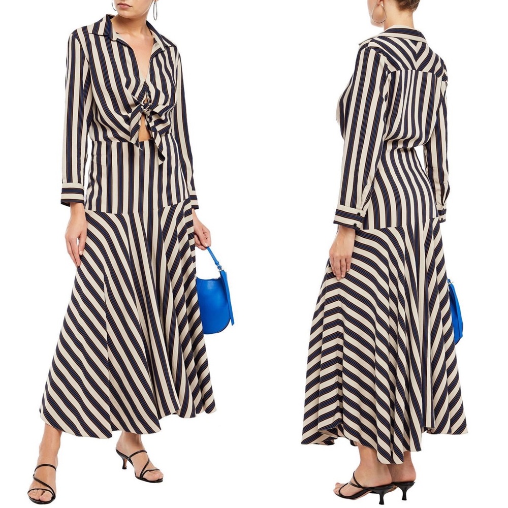 Sandro Vilna Knotted Striped Twill Shirtdress Midi Dress Size 36 Beige/Bleu NWT